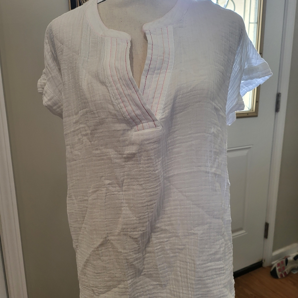 beachlunchlounge White Gauze Swim Coverup with Pink Stitching